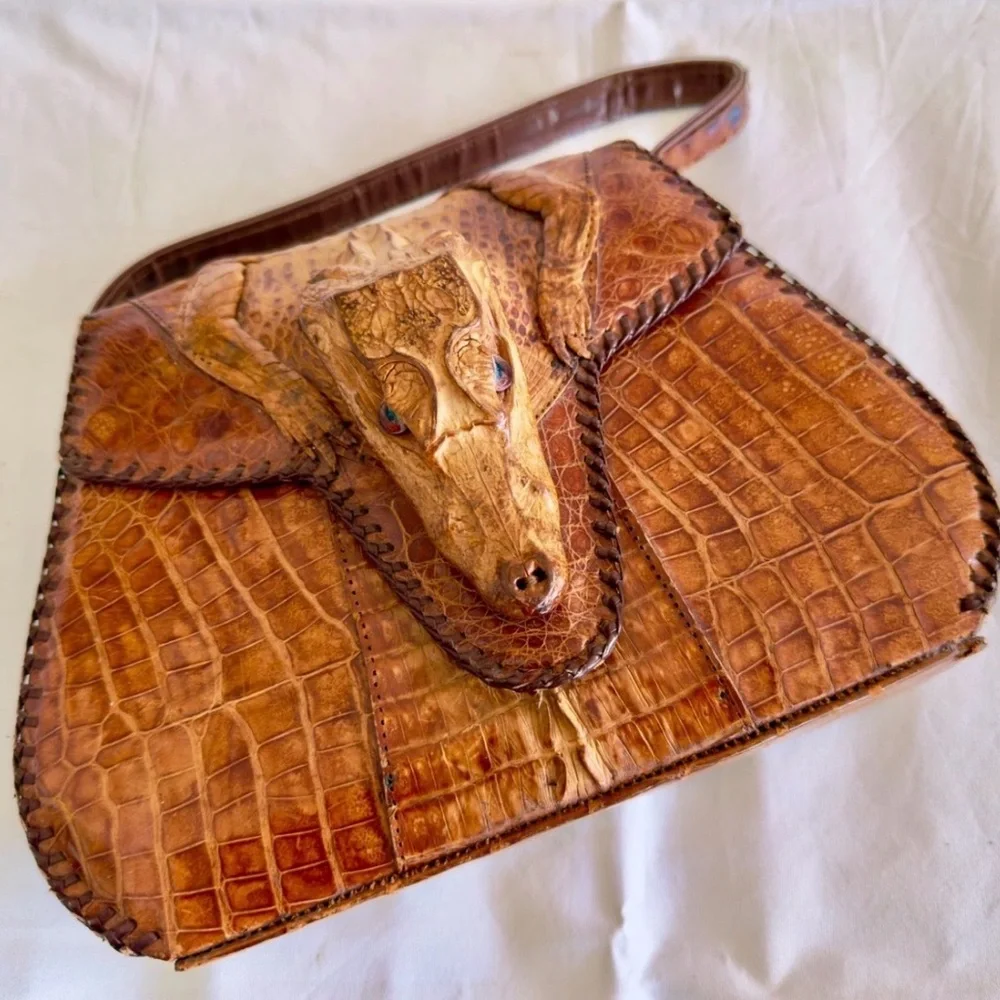 Unique Brown Crocodile-Embossed Leather Shoulder Bag - Picture 1 of 8
